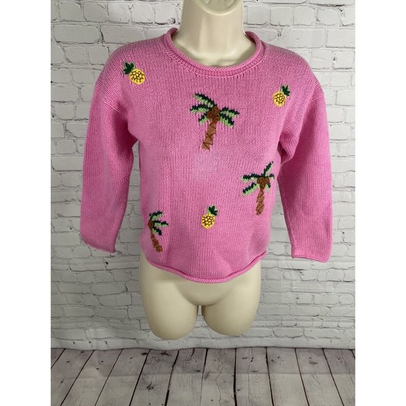 CJ Laing Handmade In Peru Pink Palm Tree Pineapple Cable Knit Sweater Girls 7 - Picture 1 of 8